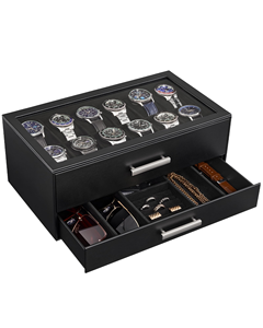 Boîte de présentation de montres de luxe avec fenêtre transparente, organisateur à double tiroir pour montres, colliers, bagues, lunettes de soleil - Product Image 1