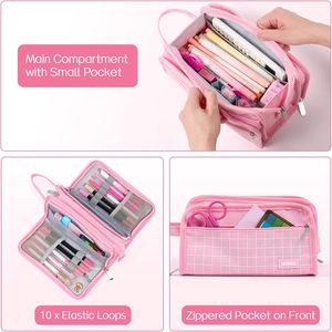 Grande trousse à fermeture éclair, trousse à crayons en toile durable, design à carreaux rose, grand espace de rangement - Product Image 4