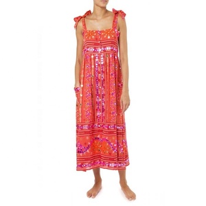 Robe midi bohème à imprimé floral et broderies, 100 % coton, organza brodé, col contrastant, coupe ample, sans manches, décontractée d'été, grande taille - Product Image 1