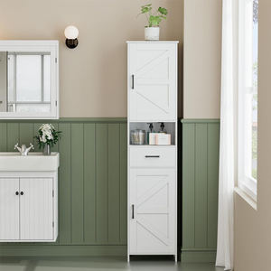 Armoire de rangement haute noire pour salle de bain avec portes coulissantes, meuble de rangement autoportant avec tiroir et compartiment ouvert pour petits espaces - Product Image 5
