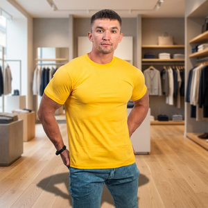 Camiseta de Hombre Amarilla, Corte Regular, 100% Algodón, Cuello Redondo, Manga Corta, Jersey Sólido, Ropa Casual de Alta Calidad, Estampado de Goma en Relieve, 160g - Product Image 1