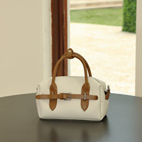 Mini sac Boston cylindrique pour femme en cuir végétalien motif litchi, sac à bandoulière avec breloque chiot, fermeture éclair à sangle unique