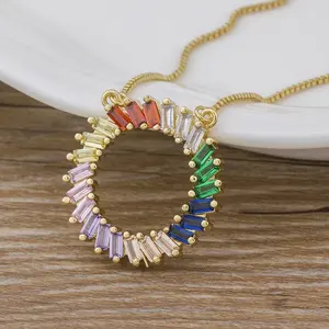 Top Quality Copper CZ Rainbow Necklace Long Chain Round Colorful Necklace Natural Stone Jewelry For Women Gold Pendant Gift