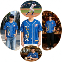 Pabrik OEM ODM Langsung, Jersey Baseball Pria Biru Putih Bergaris Kancing Depan, Custom