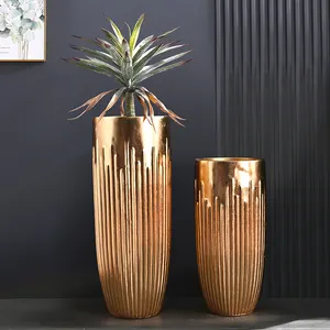 Vaso cilíndrico dourado para decoração de casa, vaso grande de piso de ouro de luxo de 90 cm, plantador de fibra de vidro alto de 36 polegadas, novidade de 2024