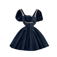 Robe courte à manches bouffantes pour femmes, col carré, strass, coupe trapèze, mini-robe élégante pour l'été, robe de soirée