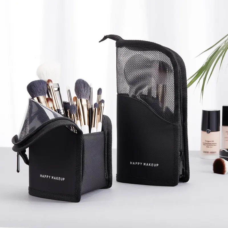 Freestanding small makeup brush holder stand up cosmetic case mesh black pvc travel bag