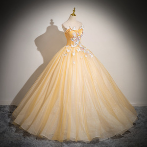 Strapless Gold Tulle Ball Gown Dress With 3D Floral Embellishments Empire Waistline For Prom And Formal Events - Product Image 3