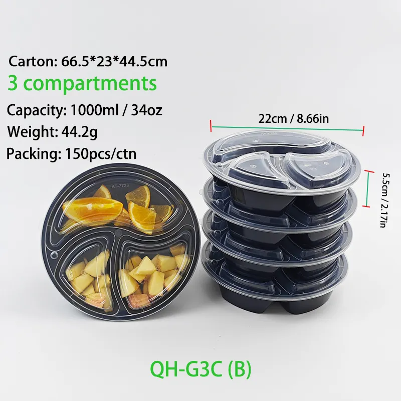 Kostenlose Probe 34 Unzen Container zum Mitnehmen Lebensmittel einweg durchsichtige Mahlzeitsvorbereitungsbehälter rund schwarz 3-Fächers Lunchbox mit Deckel