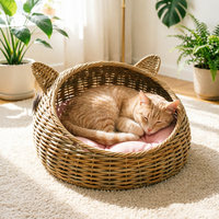 Lit pour chat en rotin PE tressé à la main, coussin doux, motif feuille écologique, mignon, confortable, respirant, lavable, résistant à l'usure - Grande Vente