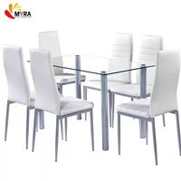 Ensemble de table à manger 4/6 places avec pieds et chaises rembourrées en PU, plateau carré en verre, métal, échantillon gratuit, style classique moderne