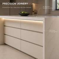 Meubles de cuisine modulaires sur mesure en bois massif pour toute la maison, îlot en U, plan de travail en pierre frittée, crédence écologique sans poignées