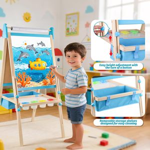 Caballete de Arte Decorativo de Madera con Altura Ajustable, Pizarra Magnética de Doble Cara y Pizarra de Tiza con Rollo de Papel y Kit de Arte <span class=keywords><strong>para</strong></span> el <span class=keywords><strong>Hogar</strong></span> - Product Image 4