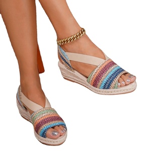 Sandales compensées pour femmes à bout ouvert, en paille, à semelle épaisse, respirantes, à enfiler, avec bride arrière, souples, pour l'été - Product Image 1