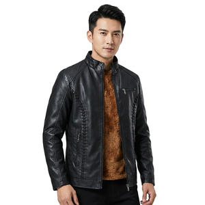 Men's Black Leather Moto Jacket With Faux <b>Fur</b> Lining Stand Collar Zipper Closure Autumn Windproof Slim Fit Regular Length Jacket - Product Image 1