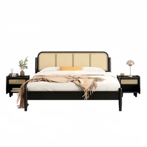 Custom Chinese Style Resort Bedroom Furniture Elegant King Size Double Solid Wood Rattan Bed for Apartment Bedroom