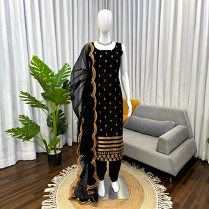 Conjunto de Salwar Kameez Negro Bordado, Reversible, Largo hasta el Tobillo, para Mujer, Traje de Fiesta o Boda con Dupatta - Product Image 1