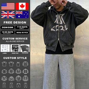 Sudadera con capucha de algodón puro de alto gramaje con logo personalizado, lavado ácido, efecto desgastado por el sol, corte holgado, estampado digital, sudadera con capucha sólida extragrande con cremallera para hombre - Product Image 2
