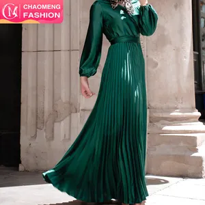 6377 # Elegant Modest Wear Silk Big Pleated Maxi Long Sleeve Abaya Women Satin Muslim Dress