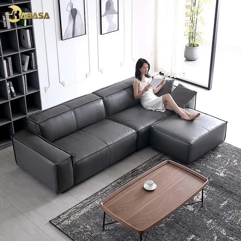Modern gray leather covered hotel corner l shape seater chaise lounge sofas