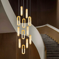 Lustre linéaire LED moderne à hauteur réglable pour escalier, suspension ovale en cristal doré pour villa à plafond haut
