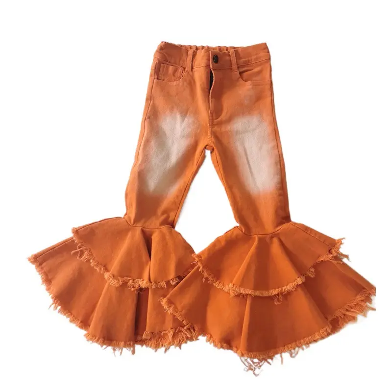 Halloween Solid Orange Pumpkin Kids Flare Denim Distressed Pants Toddler Baby Girls Bell Bottom Jeans Ripped Pants