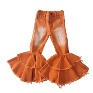 Однотонные Оранжевые Детские расклешенные джинсовые брюки в стиле Хэллоуин с тыквой для маленьких девочек рваные джинсы