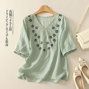 White Embroidery V-Neck Short Sleeve Top Women Loose Fit Summer Breathable T-Shirt - Product Image 3