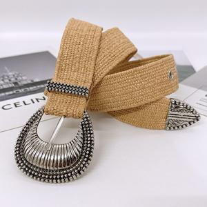 Ceinture élastique bohème en raphia pour femme, ceinture vintage en paille tressée avec grande boucle métallique sculptée, bande extensible pour robe ou corset - Product Image 5