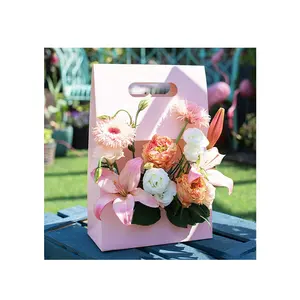 Rose Florist Wrapping Gift Box Flower Packaging Creative Handle Box Pink Kraft Paper Bag For Flowers