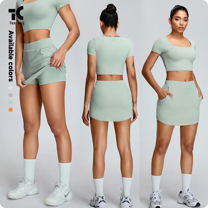 Verano nueva ropa de Yoga conjunto de manga corta moda de mujer falda deportiva Simple traje Casual deportes A-Line Culottes conjunto de Yoga de 2 piezas