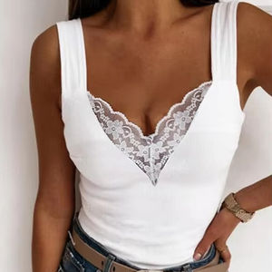 Mujeres verano moda cuello en V tanque Casual Color sólido encaje sin mangas Sexy camisas Slim Tops - Product Image 1