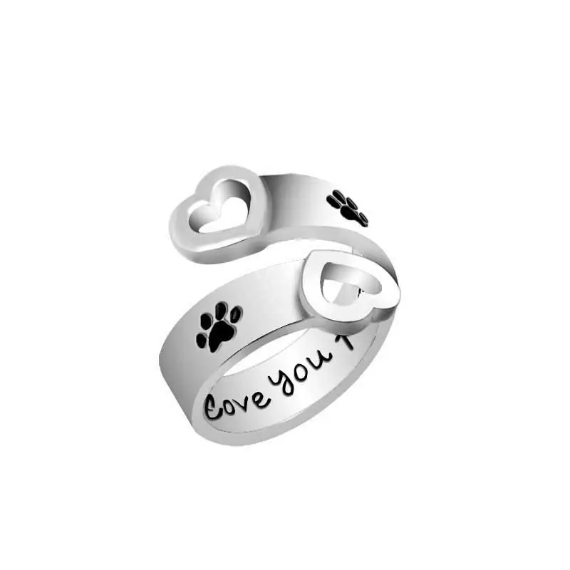 Anillo ajustable de plata con estampado de pawprint Hearts I Will Love You Forever ring