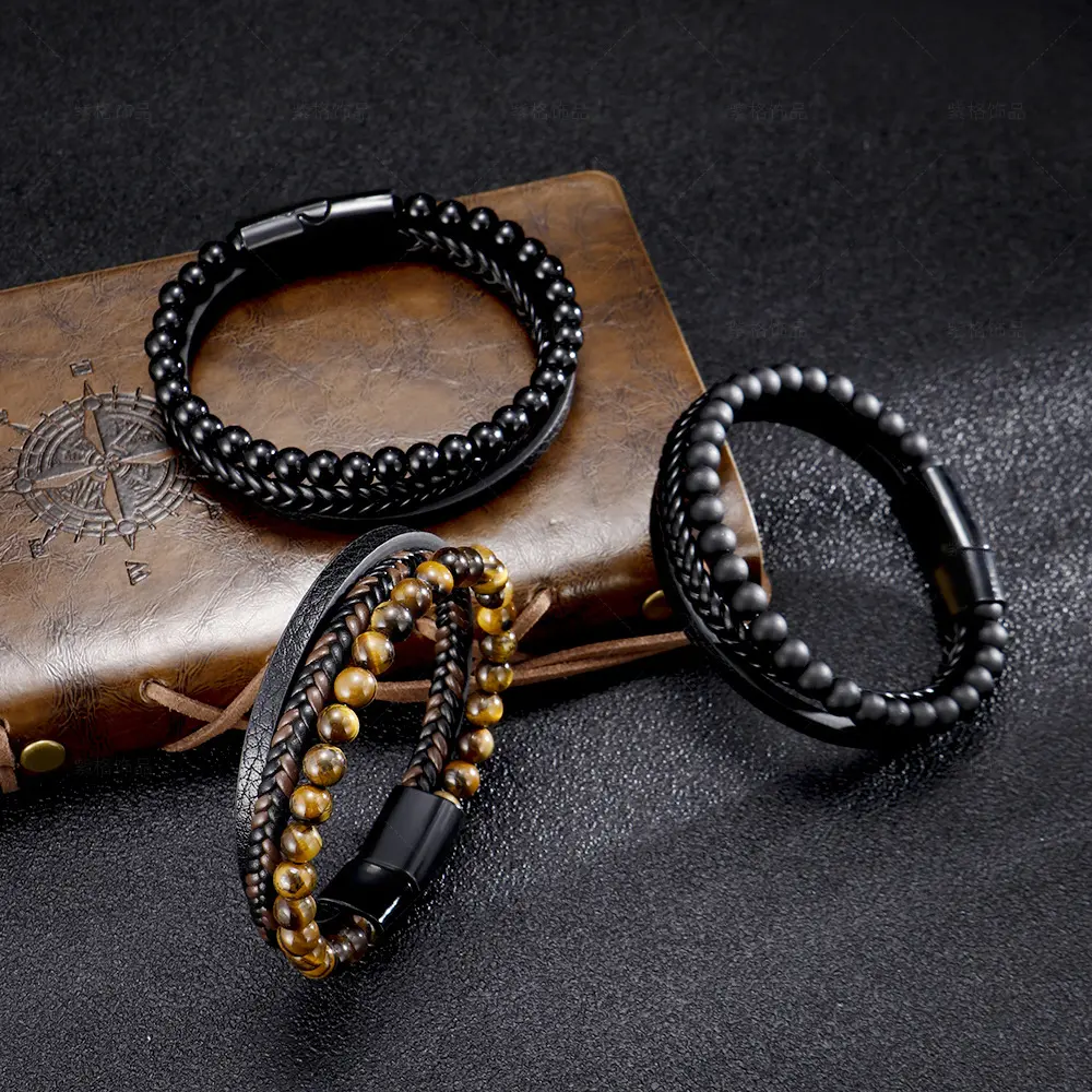 Neuankömmling Hand gewebtes Leder Geflochtenes Armband Edelstahl Magnet verschluss Natürliches Tigerauge Stein Armband