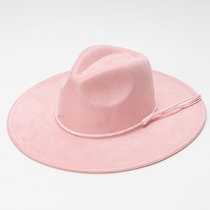 도매 고품질 핑크 와이드 브림 페도라 모자, 여성용 스웨이드 비건 스웨이드 페도라 햇 정장 드레스 모자 - Product Image 5
