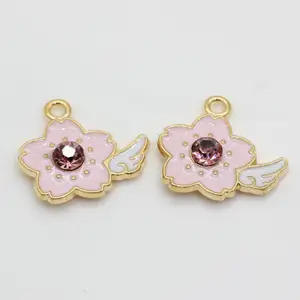 Beautiful Flower Cherry Blossom Pink Beads Wing Metallic Gold Beads 100pcs for Key Chains Bracelet Making Beads