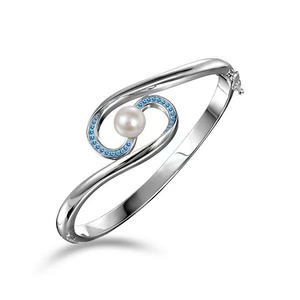 <strong>925</strong> Sterling Silver Charming Natural Blue Topaz &amp; Pearl Bangle Bracelet Bezel Blue Topaz <strong>Braclets</strong> - Product Image 4