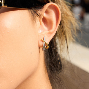 <b>Stud</b> <b>Earrings</b> Geometric Design 18K Gold Silver Color Blocking Crisscross Pattern Stainless Steel - Product Image 3