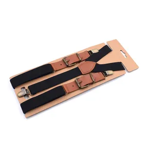 Fashion Hot Sale Custom Design Logo 3 Clips Y Shape With Genuine Leather Button Set Adjustable Elastic Suspender For Men