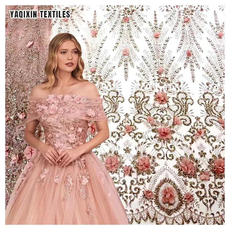 High-End Vestido Francês De Luxo Tecido De Renda Chiffon 3D Flor Rosa Pêssego Glitter Brilho Bordado Tule Tecido De Renda