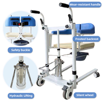 Chaise élévatrice hydraulique bleu foncé pour transfert de patients avec accoudoirs et fonction toilette intégrée pour soins aux personnes âgées
