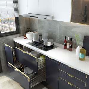 Gabinetes de cocina modernos de fibra 3D de acrílico de alto brillo para Blue Bar en Líbano, con fregadero, grifo, bisagra, guía de cajón y salpicadero - Product Image 2