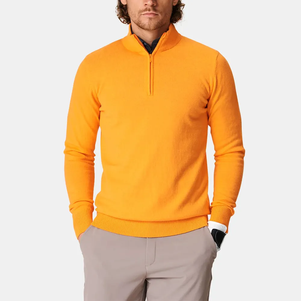 custom orange color sweater knitwear mid layer Pullover Long Sleeve Mock Neck Running jumpers Golf Men's Quarter Zip Sweatshirts