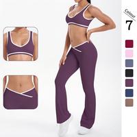 Set Yoga Anti Kusut Bahan Spandex/Nylon Model Kaki Lebar Silang Warna-warni Berbahan Brushed, Ketat, Bernapas, dan Tahan Lipatan