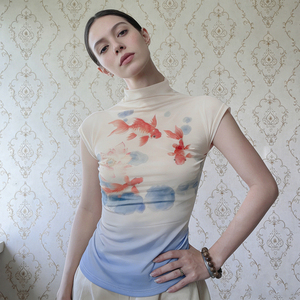 Ins Vintage Goldfish Print Colorblock Stand Collar Sheer Short Sleeve Top Elegant Sexy Waist Cinching Lightweight Pure Sexy Top - Product Image 1