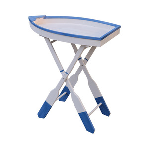 Mediterranean Style Solid Wood Boat Shaped <b>Folding</b> Coffee <b>Table</b> With Blue Trim Pine Material - Product Image 4