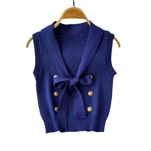 Venta al por mayor Gran oferta jerséis moda cuello en V arco mujeres suéteres doble botonadura sin mangas Chaleco de las mujeres - Product Image 2