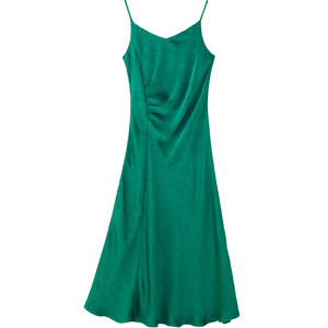 Olive Yellow Spaghetti Strap Dress Women Slim Fit Tummy Control Solid Color Casual Daily Wear Polyester Fabric - Product Image 5