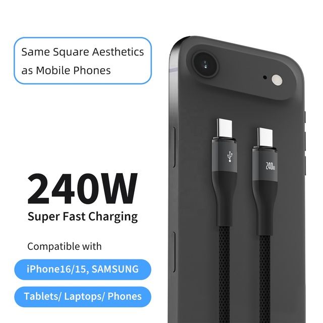 OEM 240W Fast Charging USB-C Cable, Square Edged, 6A, E-Marker Chip, Compatible with IPhone/Samsung, CE/FCC/RoHS
