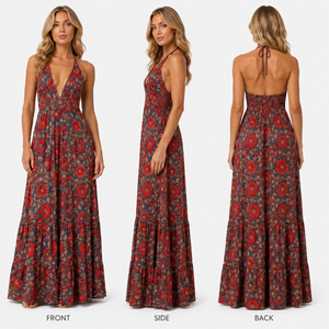 Abito Lungo Estivo Bohémien con Stampa Floreale Rossa Personalizzata, Scollo a V Profondo e Strati, per Vacanze e Spiaggia, Vendita all'Ingrosso OEM/ODM - Product Image 2